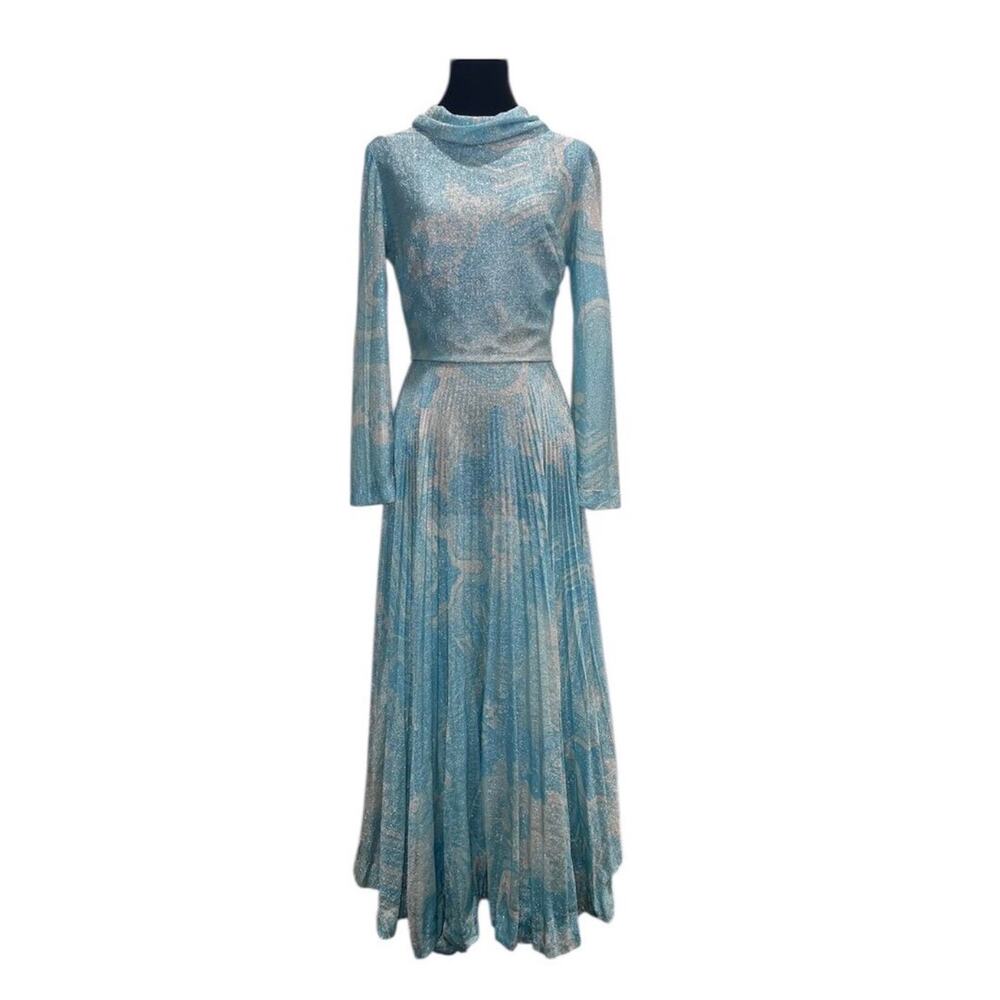 Vintage 1970s Carillon New York Blue Silver Lurex Pleated Maxi Gown - Picture 8 of 16